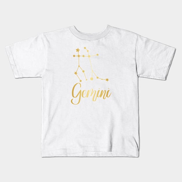 Gemini Zodiac Constellation in Gold Kids T-Shirt by Kelly Gigi